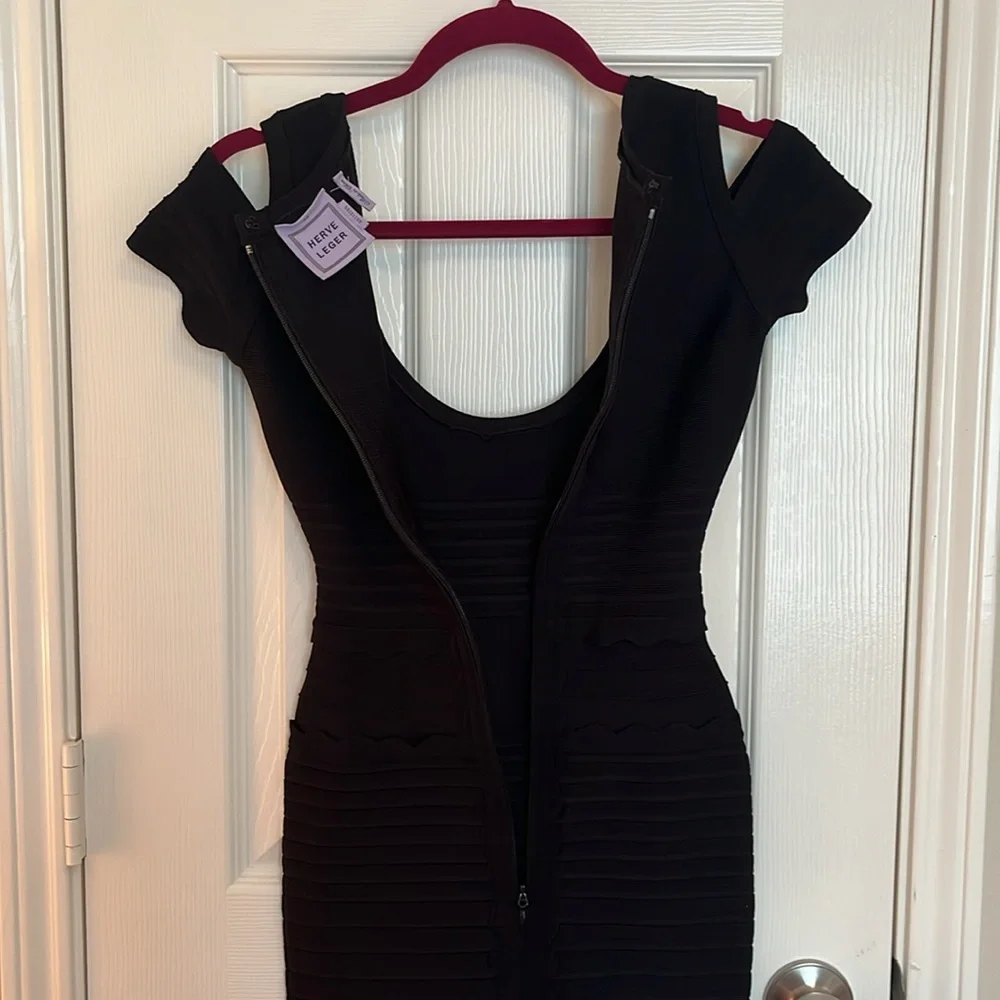 Herve Leger Lotus Cold Shoulder Scallop Hem Bandage Dress